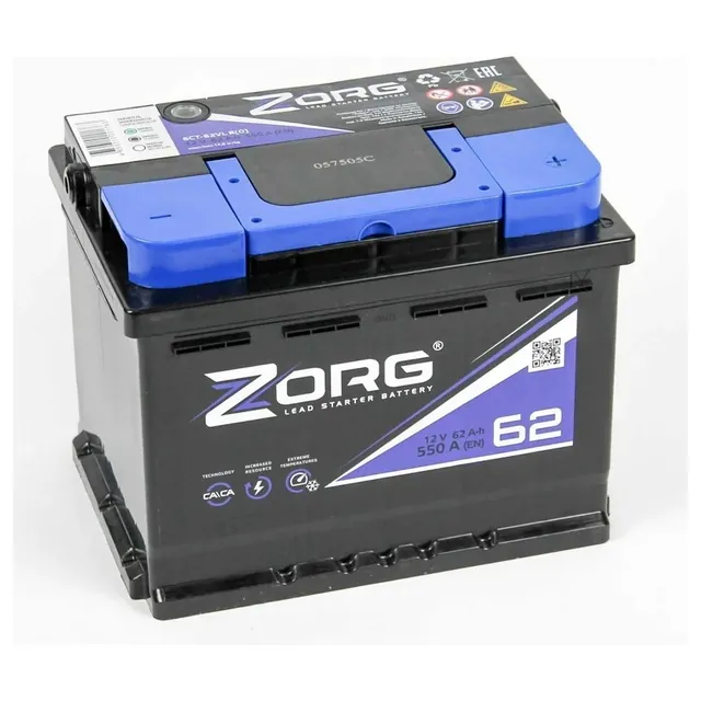 Аккумулятор ZORG EURO 62 Ач 550 А (EN), прямая полярность, LN2