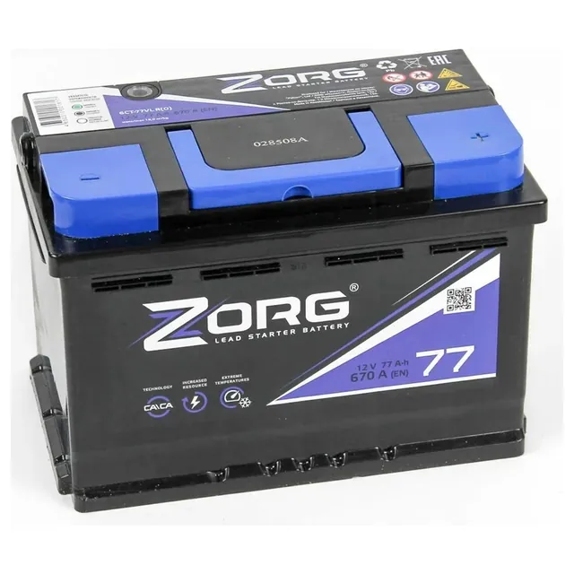 Аккумулятор ZORG 77 Ач 670 А (EN), прямая полярность, LN3